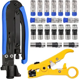 Coaxial cable crimping tool set, includes 20 F-type RG6 connectors, adjustable RG6 RG59 RG11 75-5 75-7 coaxial cable stripper, coaxial cable crimping tool set
