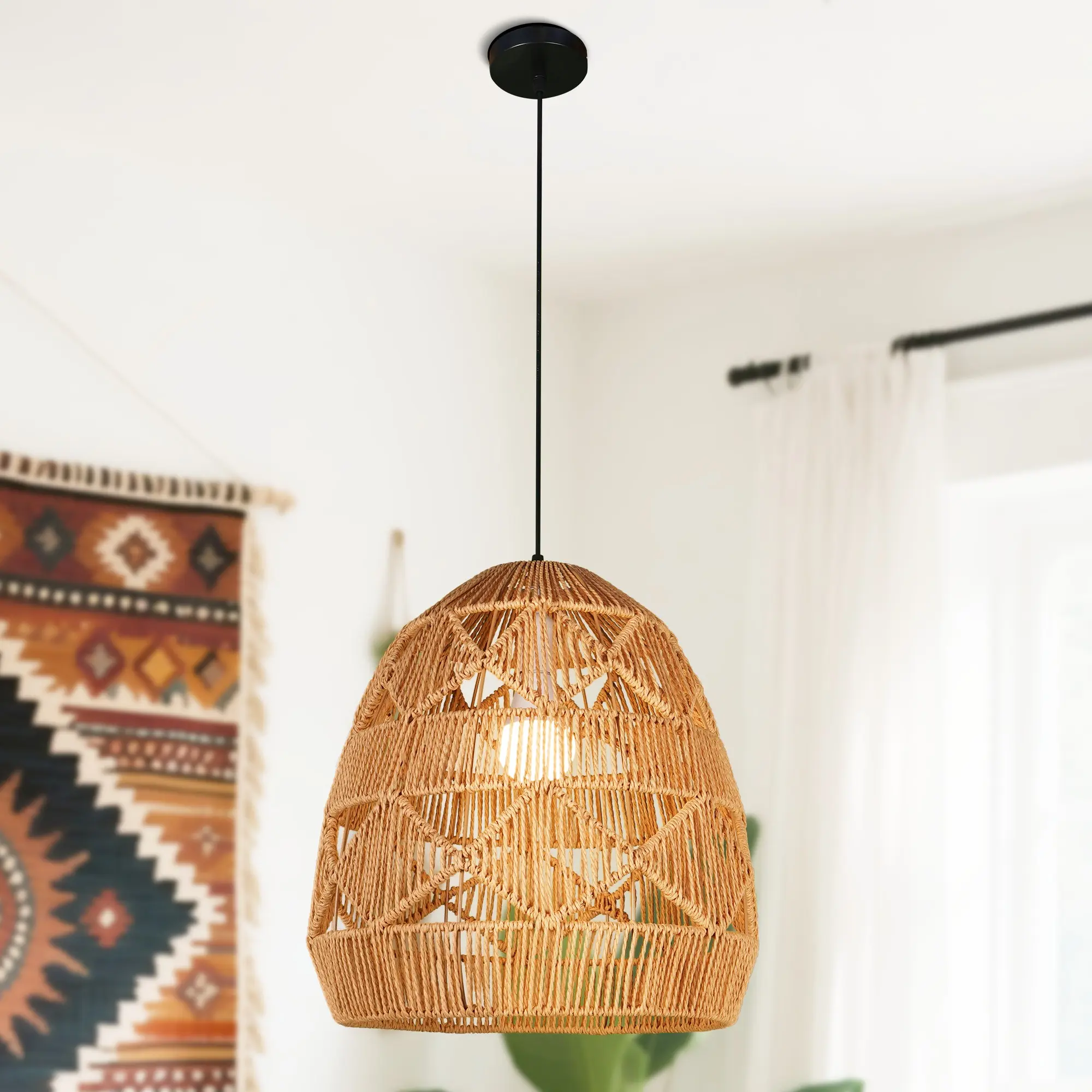 Country Rattan E26 Hanging Ceiling Lamp Natural Bamboo Lantern Pendant Light Handmade for Living Room Bedroom Kitchen Rustic Charm Versatile Lighting Fixture