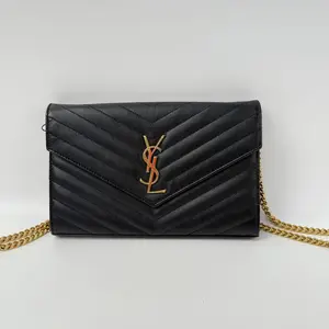 Pre-owned YSL leather Small Leather Goods Black Caviar Envelope Bag Crocodile Embossed Monogram Zip Around Wallet with Secure Closure & Gold Chain Strap