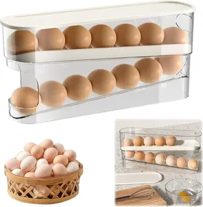 Egg Holder for Fridge, 2026 New Egg Organizer for Refrigerator Automatic Scrolling Eggs Rack Holder Rolling Dispenser, Stackable Fridge Container and Storage with Lid (1 Pcs)