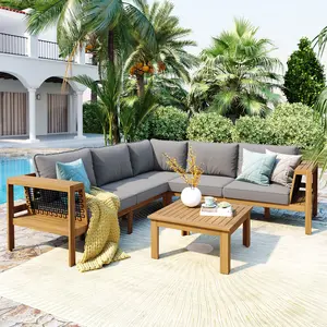 Aobtkel®<Old SKU: N704G201249E> 4 Pieces Outdoor Acacia Wood Sofa Set, Woven Mesh Armrests, L-Shaped Patio Furniture Sofa Set with Coffee Table, Outdoor Conversation Set with Gray Cushions and Side Table#Summervibes