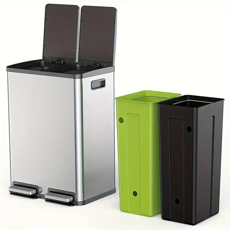 16-Gallon Stainless Steel Trash Can – Dual Compartment, Soft-Close Lid & Step Pedal, Deodorizer for Kitchen or Recycling (Silver)