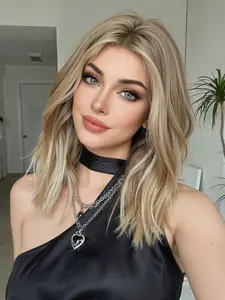 Golden Blonde Loose Wave Wig with Streaks, Middle Part Blonde Bob 12 Inch, Curly Hair, Medium Length, All Seasons, Natural Looking Wig