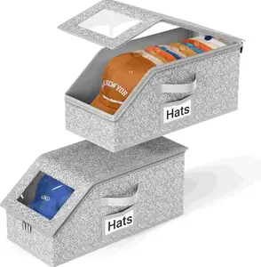 2 PCS Stackable Hat Storage for Baseball Caps, Holds up to 24 Caps Hat Organizer for Closet, Sturdy Snapback Boxes for Men with Cardboard, Grey