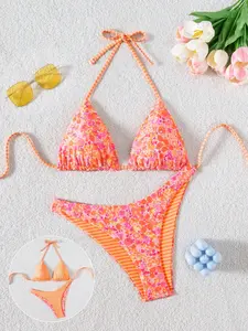 Reversible Floral Stripe Halter Bikini | Y2K & Vibrant Aesthetic | Adjustable Tie-Side Bottom | Perfect for Summer Beach & Vacation Printed Bikini Fashion Beachwear Swimwear