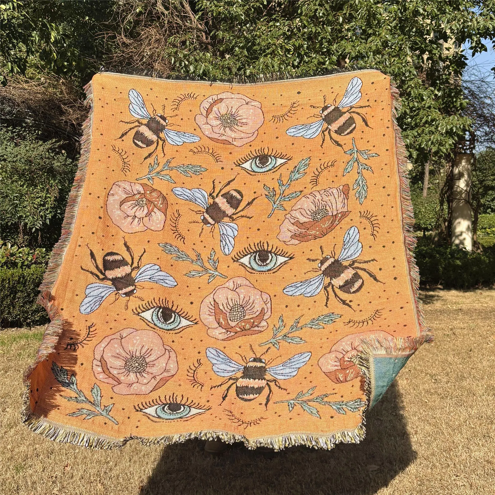 Bee Pattern Tassel Throw Blanket, Boho Style Woven Blanket, Floral Blanket, Soft Blanket for Bed, Sofa, Office, Camping, Travel, Home Decor