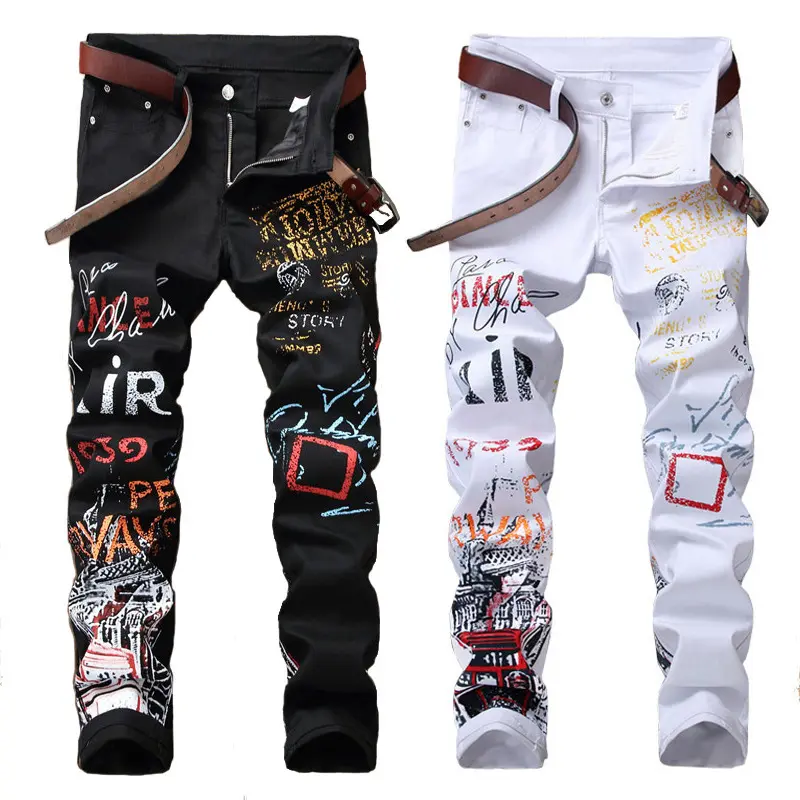 Men's Slim Fit Stretch Graffiti Print Black Jeans - 2-Color Tapered Denim Trouser, Classic Streetwear Casual Pants with Quality Fabric