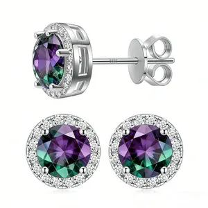Magic Sunlight Color Change CZ Stud Earrings | 8mm Faceted Zirconia with White Halo | Green Purple Pink Rainbow Flash | 925 Sterling Silver Hypoallergenic | Unique Gift for Her