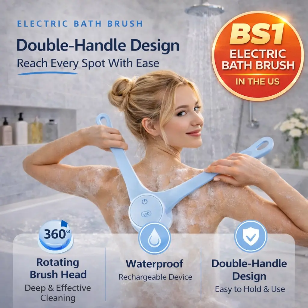 Rechargeable Electric Body Scrubber Bath Tool - 360° Rotating Silicone Body Brush, Waterproof Shower Accessory with Dual Handles & 4 Replaceable Heads for Deep Cleansing, Ideal Beauty Product Gift, Bathing Accessories, Beauty Products