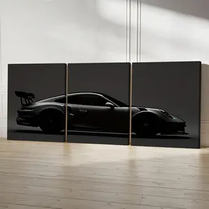 Frameless[3pcs Black Sports Car Art] 3pcs High-Quality Frameless Canvas Wall Art - Decorative Artwork, Room Decor, Black Sports Car in Dark Monochromatic Tripty, Sleek Design