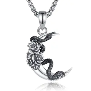 Eudora S925 Sliver Snake and Moon Pendant Necklace, Pagan Witchcraft Jewelry with Roses, Vintage Jewelry for Women