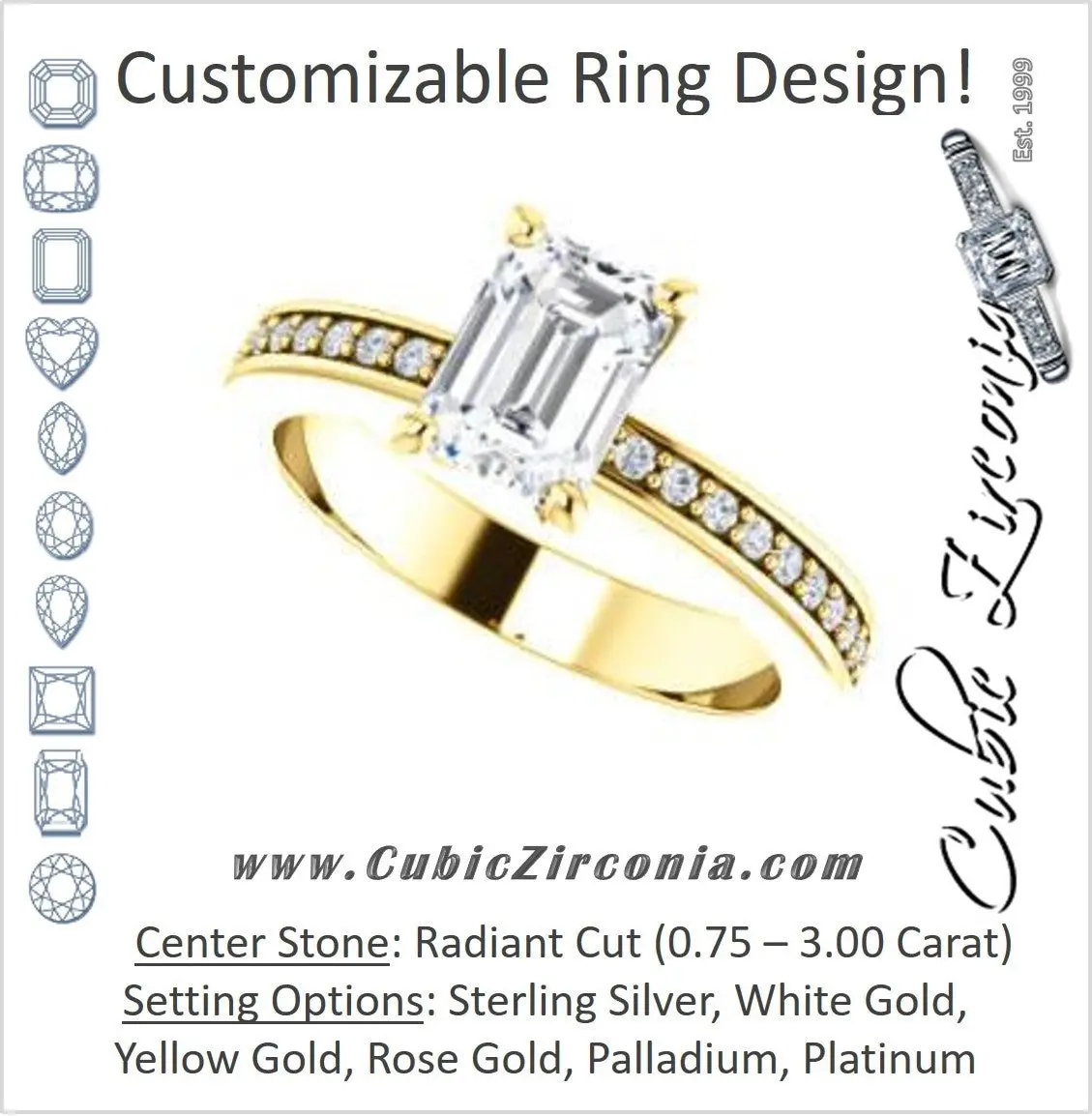 Cubic Zirconia Engagement Ring- The Tesha (Customizable Radiant Cut Design with Pavé Band & Euro Shank)