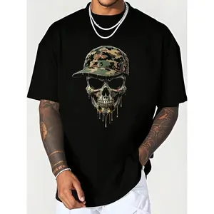 Camo Skull Print T-Shirt for Men - Black Camouflage Skull Graphic Tee, Unisex Casual Crew Neck, Lightweight Soft Knit Fabric, Breathable Sweat Wicking, Machine Washable for Spring Summer Fall & Halloween, Everyday Top