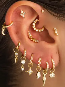 12 Pcs Star Moon Earrings Set, Zirconia Inlaid Lightning Circle Ear Cuffs, Fashion Trendy Jewelry for Women, High Quality Earrings, All Seasons Wear