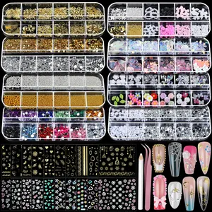 Nail Art Kit with 8 Boxes of Rhinestones & Pearls, 20 Sheets of 3D Nail Stickers, Gold Nail Charms, Nail Gems for DIY Nail Designs & Decoration
