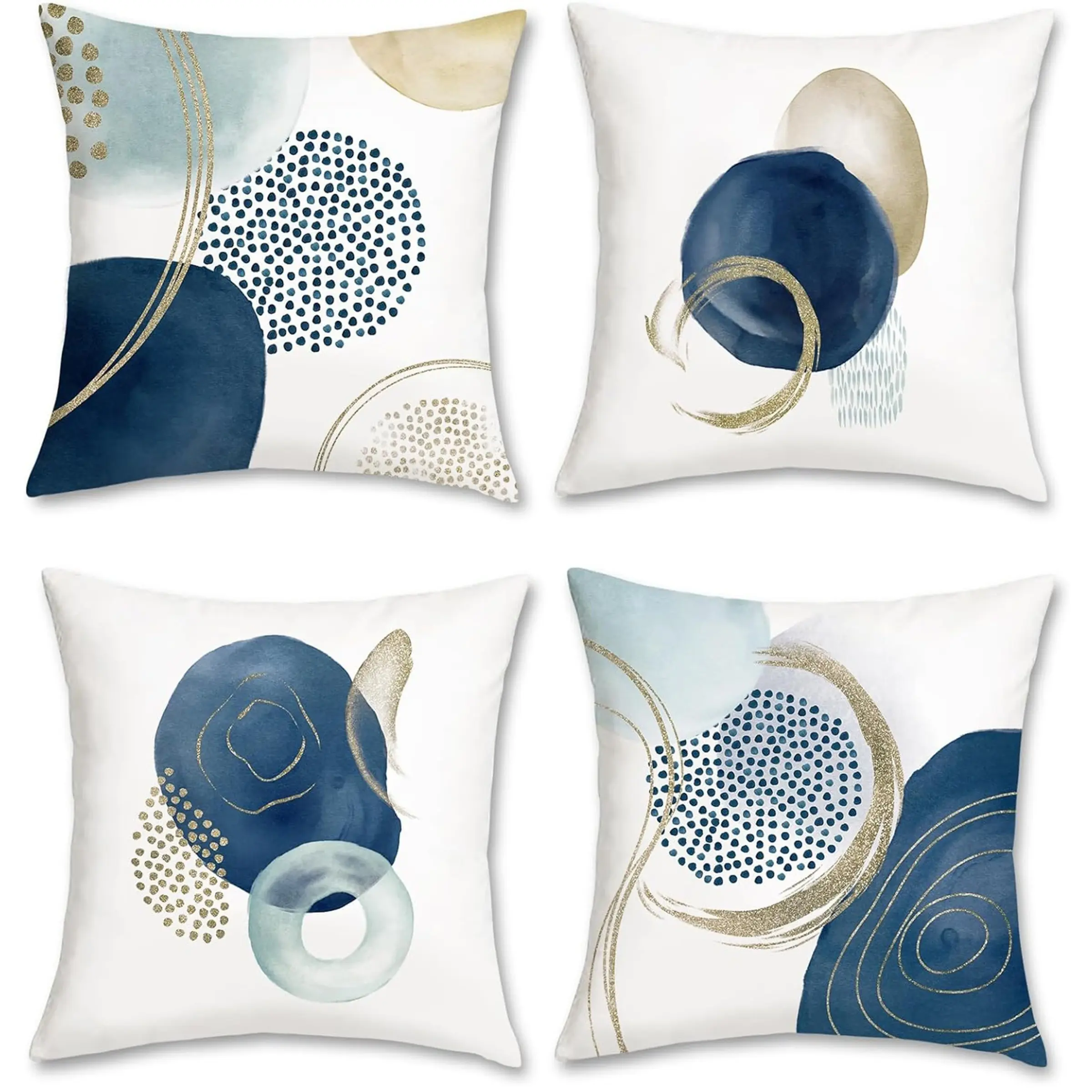 Abstract Boho Pillow Covers Set of 4, Medieval Modern Blue Gold Geometric Patterns, Sofa Bed Bedroom Decor, Enhance Living Spaces, Single Side Print, No Insert, Bedroom Decorative Accessories