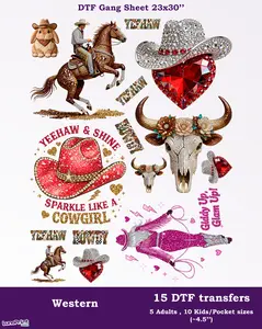 Western DTF Gang Sheet: Ready To Press Heat Transfers 23x30. Same/Next Day Shipping