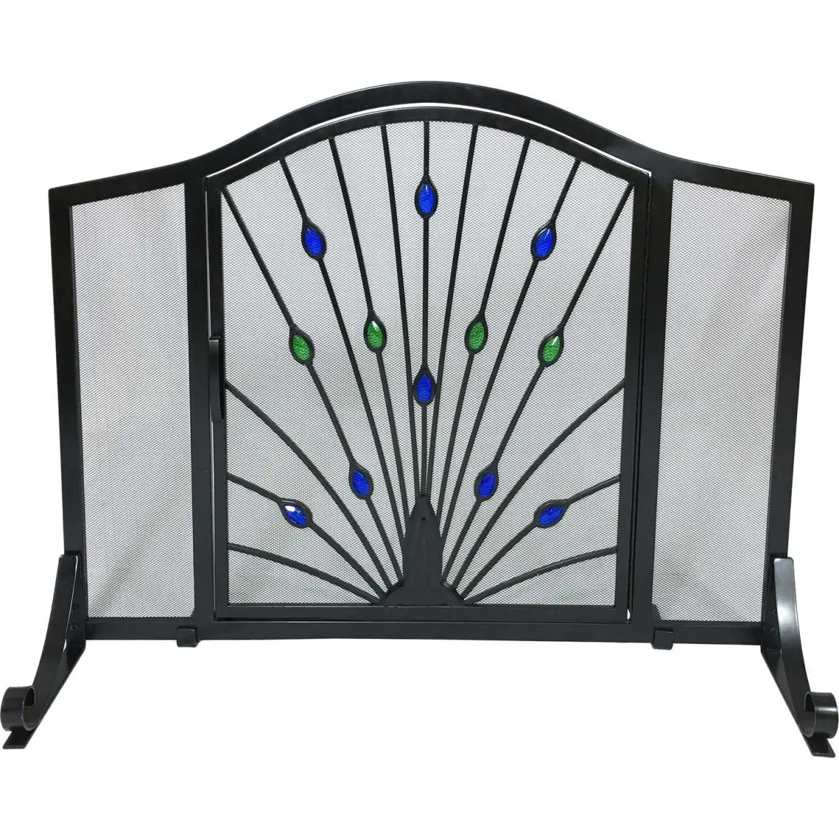 212 MAIN Wrought Iron Peacock Design Screen Door - 33x44" Steel Frame, Arched Shape, Fireplace Easy Access, Black/Green/Blue Finish, Assembly Required, Home Decor Supply, Decorative Doors for Home Festive Decorations
