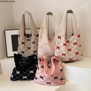 Crochet Tote Bag Y2k Bow Wallet Women Cute Shoulder Handbag Knitted Tote Bag Bow Print Bag