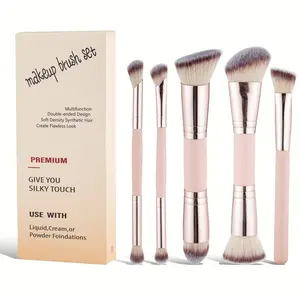 5Pcs Dual-Ended Foundation & Concealer Brushes Set, Angled Contour & Buffing Brushes, Portable Complete Face Makeup Brushes for Liquid, Cream, Powder