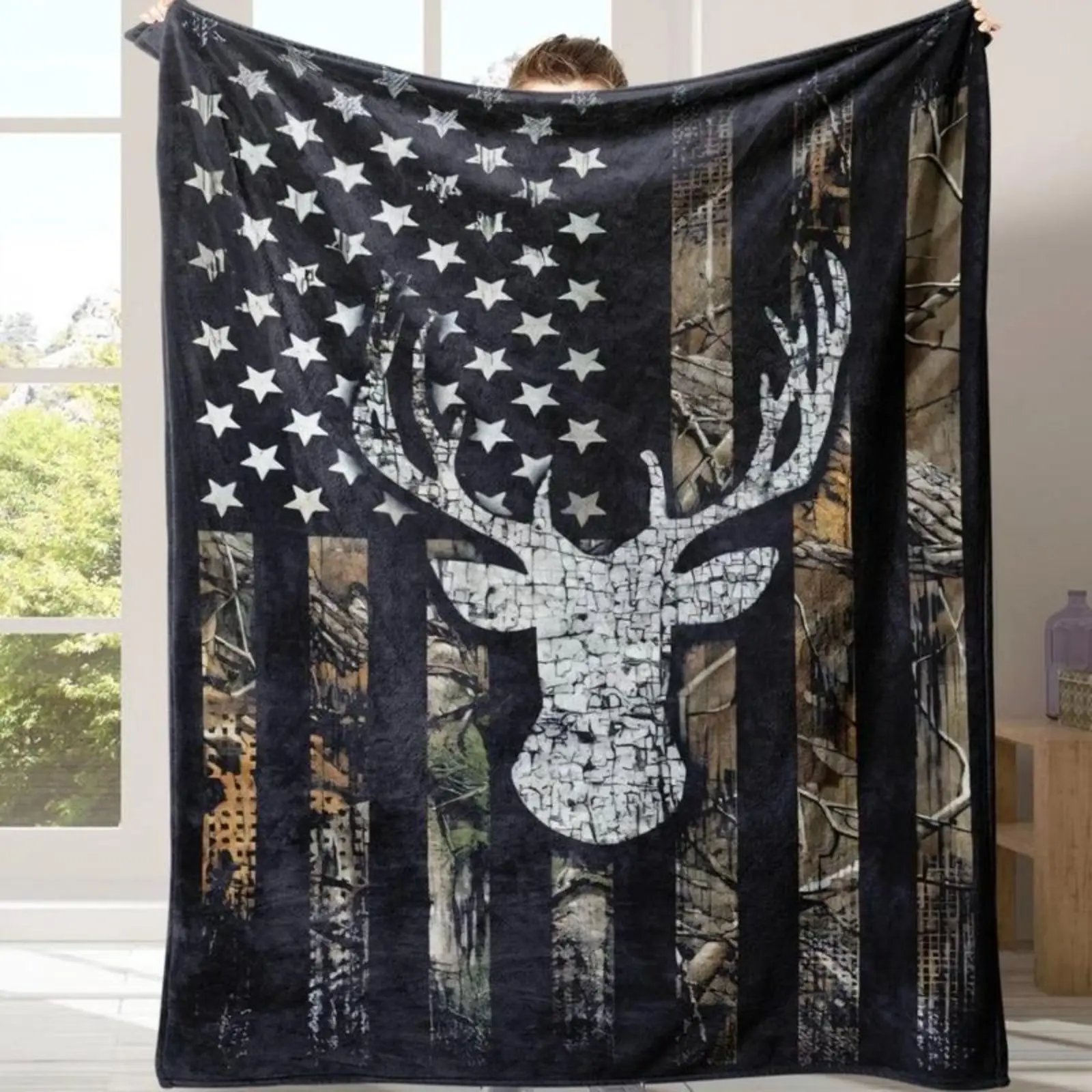 softAmerican Flag Deer Head Camo Flannel Blanket, Vintage Warm Throw for Outdoor Hunting, Home Decor, Sofa, Bedroom, Living Room, Travel, Camping