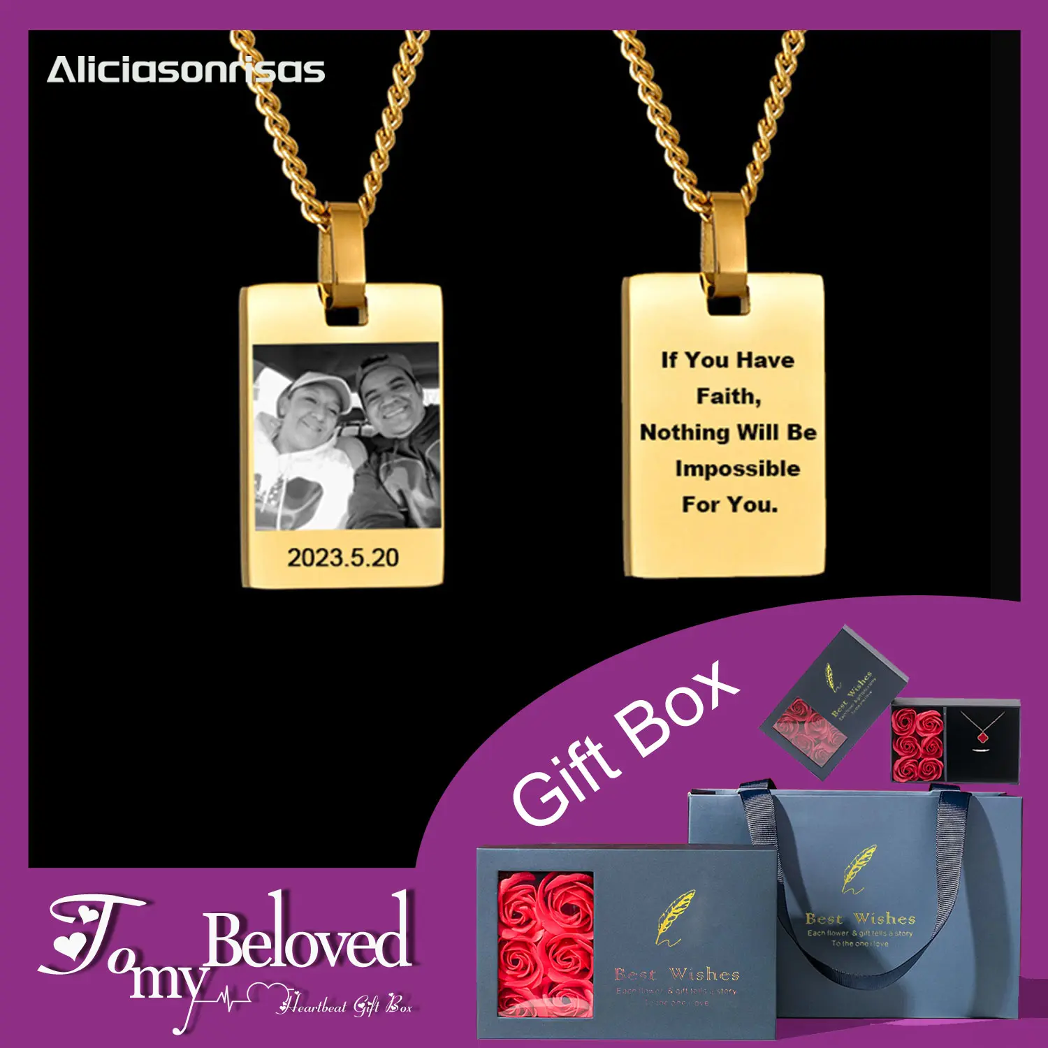 HZ-N1716 Customized English Text Picture Square Dog Tag Pendant Personal Titanium Steel Necklace Valentine's Day Gift for Men and Women