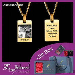 HZ-N1716 Customized English Text Picture Square Dog Tag Pendant Personal Titanium Steel Necklace Valentine's Day Gift for Men and Women