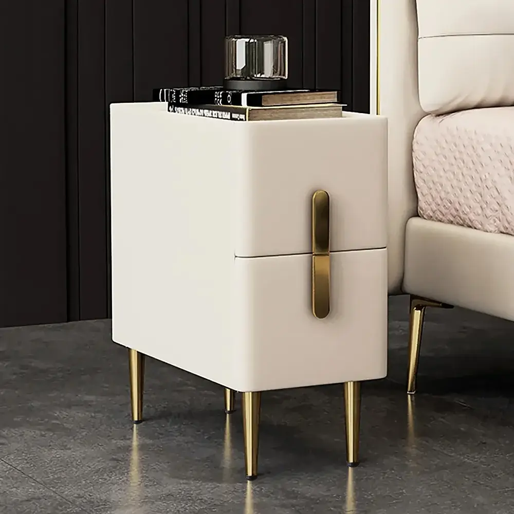 Homary Fashion Beige Rectangle Bedroom Nightstand - 11.8" Wide 19.7" High Apartment-Size Bedside Table with 2 Drawers, Gold Legs, Drawer Storage, Assembly Required, Modern
