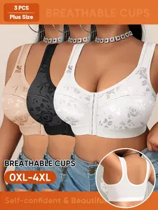 Women's Plus Size Wireless Elegant Bra Set, Front Closure Sexy Jacquard Minimizer Bra, Full Coverage Smooth Soft Bra, 3 Pack