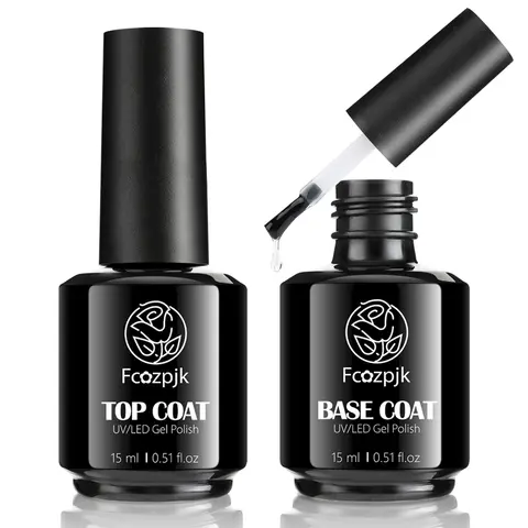 Fcozpjk 2Pcs 15ml Anti-Yellowing No Wipe Soak-Off Base & Top Coat Gel Polish Set, Cosmetic Nail Care Bottle Kit with Glossy Finish, Brush-On Nail Adhesive, Drying Support for Adult DIY Home Manicure (Contains Neither Harmful Compounds)