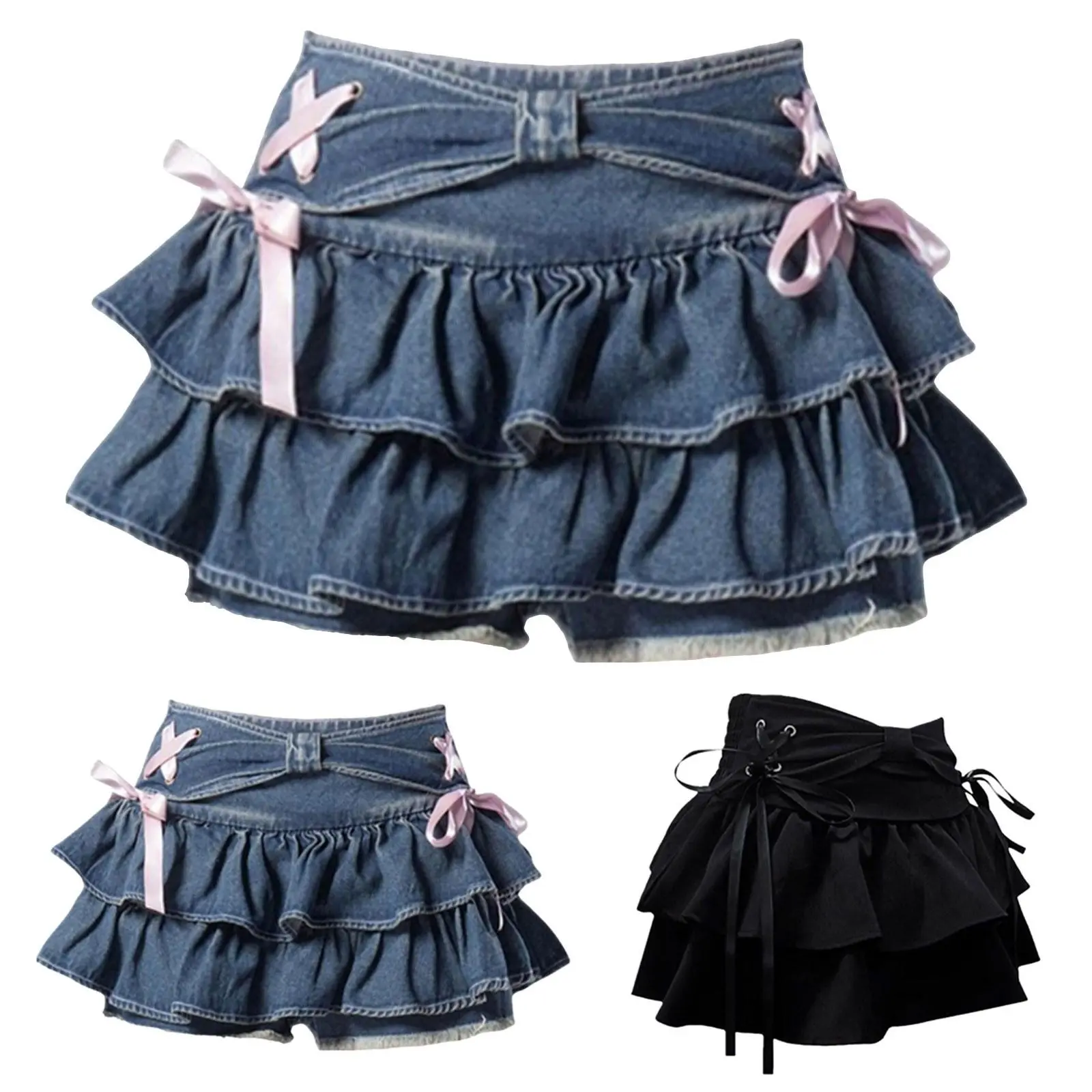 Y2k Sweet Denim Mini Skirt Women Ruffle Kawaii Bow Coquette Skirt Vintage Summer Cutecore A-Line Jean Short Harajuku Skirts