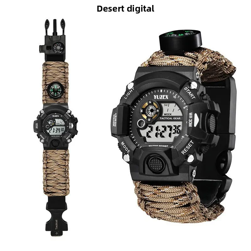 Men's Tactical Survival Watch, Waterproof Analog Wristwatch with Woven Paracord Bracelet, Compass, Emergency Whistle & Flint for Outdoor Hiking, Waterproof Wrist Watch, Compass/Whistle, Tactical Accessories, Field Watch