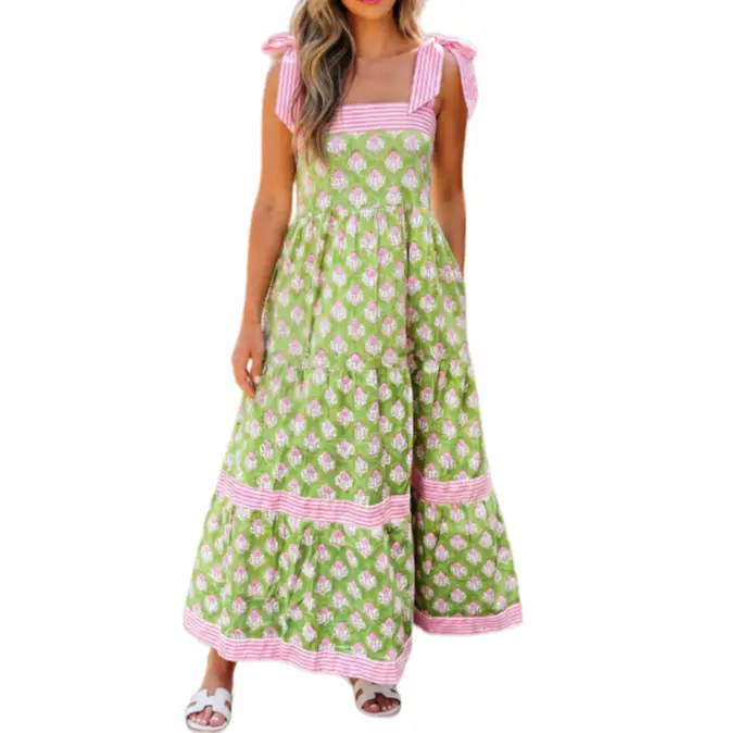Women Summer Casual Boho Maxi Dress Fashion Floral Tie Shoulder Flowy Long Dress Square Neck Ruffle Tiered Vacation Beach Sundress, Adjustable, Feminine, Breathable, Stretchy, Fit, Pockets, Chic, Soft, Contrast Stripe Casual Dresses, Floral Detail Casual