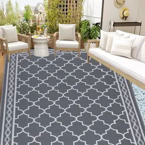 Outdoor Rug Waterproof Reversible Patio Rug, Plastic Straw Indoor/Outdoor Area Rug for Deck, Backyard, Porch, Beach & RV Camping, Modern Geometric Print, Easy Clean