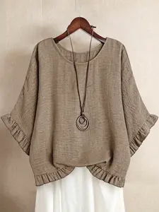 Ruffle Loose Blouse Top, Lazy Literary Style, Drop Shoulder Round Neck Short Sleeve Design, Plus Size Women's Summer Vacation Daily Wear