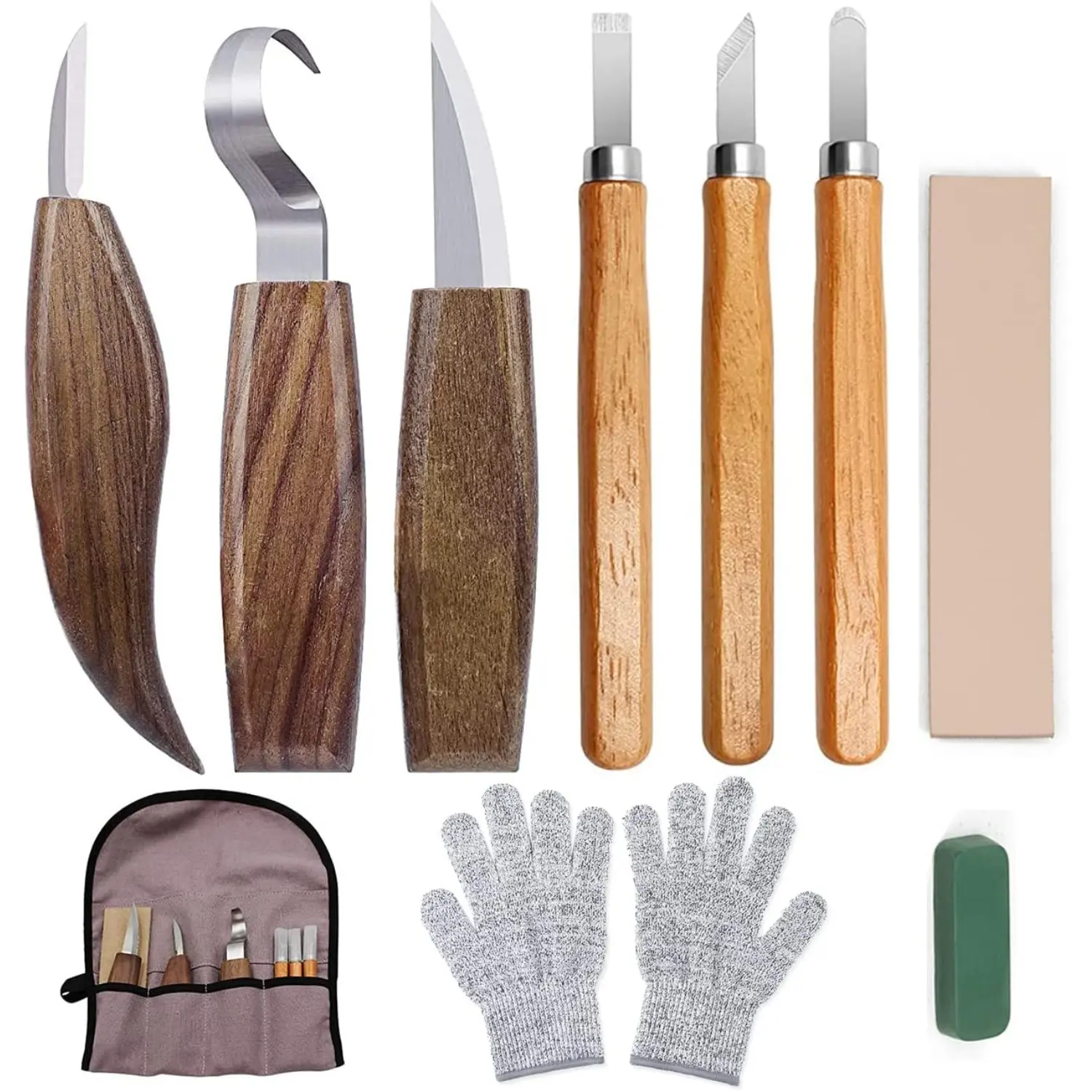 10Pcs Wood Carving Kit,Wood Carving Tools,Hand Carving Knife Set with Anti-Slip Cut-Resistant Gloves,Wood Spoon Carving Kit for Beginners,Hand Tools Kits