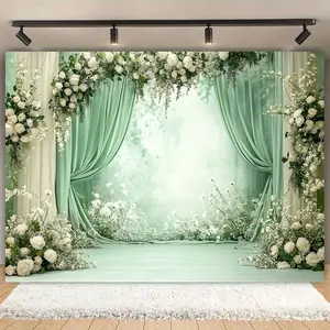 1PC,2D Flat Wedding Backdrop Green Curtain White Floral Decoration Party Photography Background, suitable for wedding, birthday, baby shower, holiday events, romantic and dreamy, creates a beautiful