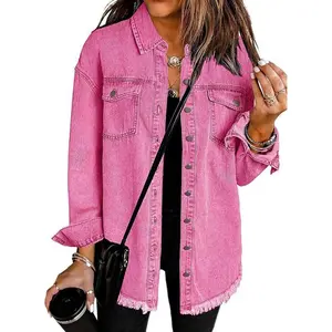 Women��s Oversized Button Up Frayed Hem Shacket Long Sleeve Pockets Denim Jean Jacket