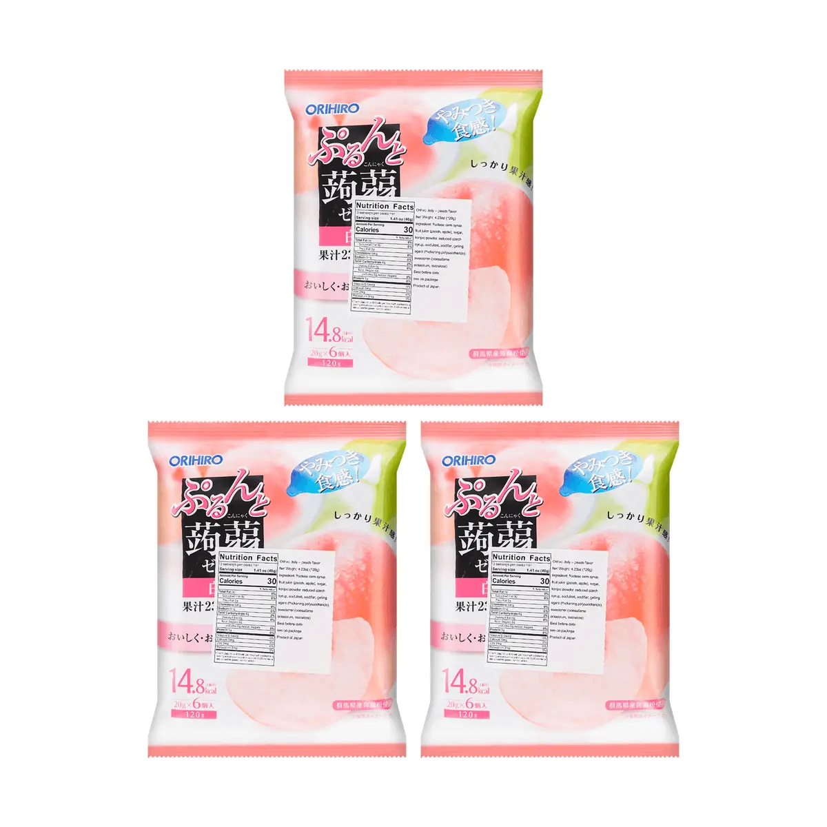 ORIHIRO Konjac Jelly Peach Flavor - Low Calorie, High Fiber Diet Snack, 6 Pouches (120g) x 3 Value Pack - Healthy Japanese Dessert