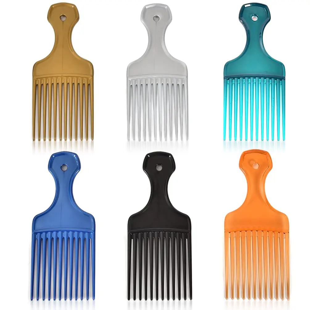 6-Pack 6.3-Inch Plastic Wide-Tooth Afro Picks for Curly Hair Styling, for Women and Men (6 Colors)
