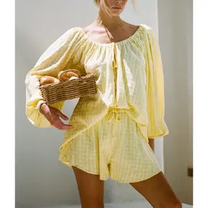Women's Yellow Gingham 2-Piece Outfit, Off Shoulder Long Sleeve Top & Drawstring Shorts, Casual Summer Loungewear Set