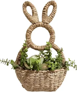 Bunny Basket Hanging Wall Pocket Spring Decor Hand Woven Wicker Easter Basket Bunny Ornament Wicker Easter Baskets Rabbit Statue Spring Wreath for Front Door Decorative Gift