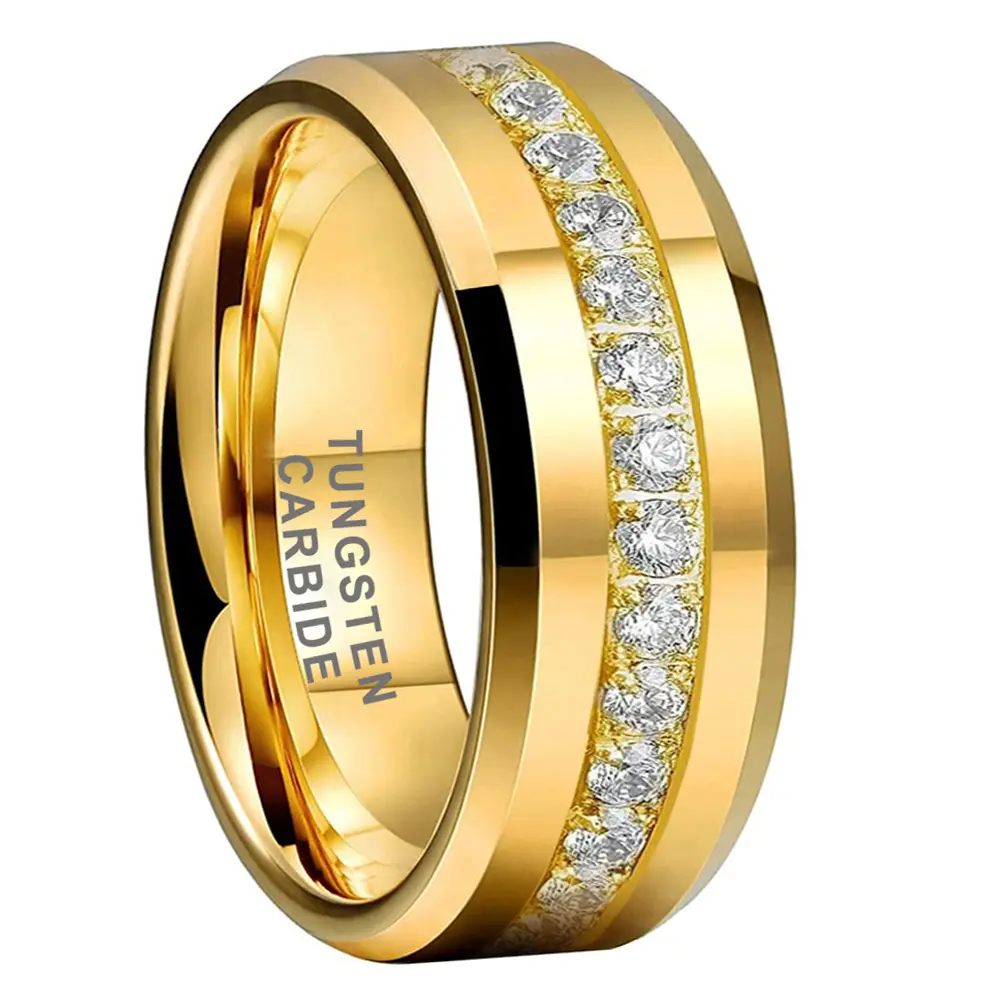 Men's 8mm Tungsten Wedding Band with Full Zircon Stone Circle Comfort Fit High Polish Tungsten Carbide Ring, Mens Wedding Bands, Tungsten Rings