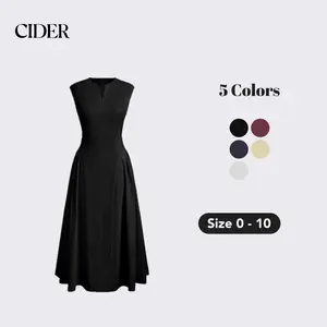 Cider V-neck Solid Pleated Sleeveless Maxi Dress– Office & Evening Casual, Elegant Silhouette, Easy to Style, Versatile for Spring/Summer, Flattering Fit