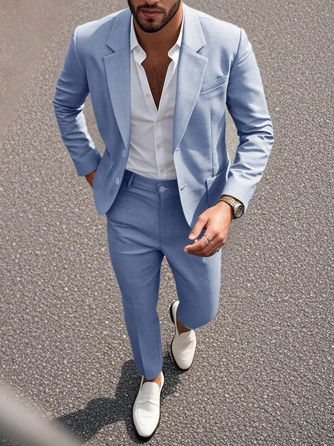 Men's Plain Slim Fit Blazer Set, Blazer And Pants, Elegant Wedding Formal Wear, Business Work Clothes, Long Sleeve Button Design, All-Season Suitable, Natural Waist Pants, Menswear, Solid Color Suits