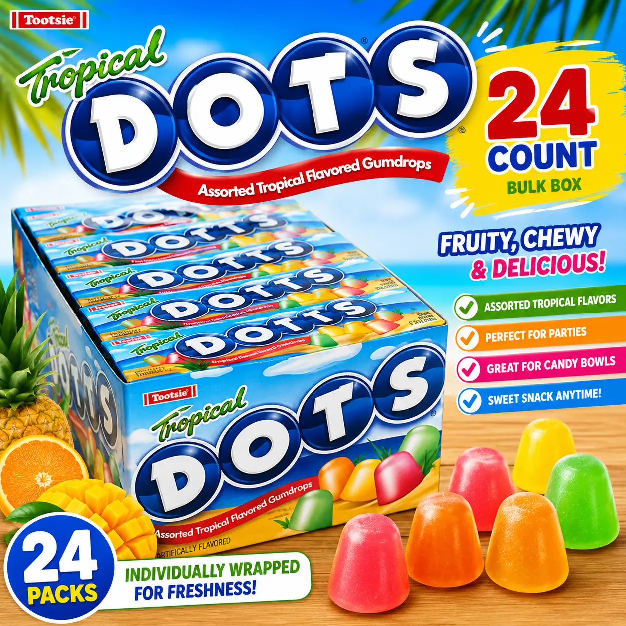 DOTS Tropical Gumdrops Candy 2.25 oz 24 Count  Tropical Fruit Flavored Chewy Gumdrops | Classic Movie Candy for Parties & Snacking