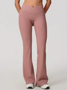 Women’s High Waist Ribbed Flare Yoga Pants, Soft Slim-Fitting Tummy Control Plain Leggings, Stylish Sporty Design with Cross Front Details