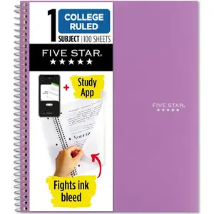 Five Star Spiral Notebook Plus Study App, 1 Subject, College Ruled Paper, 100 Sheets, 81/2" x 11", School, Amethyst Purple (38744)