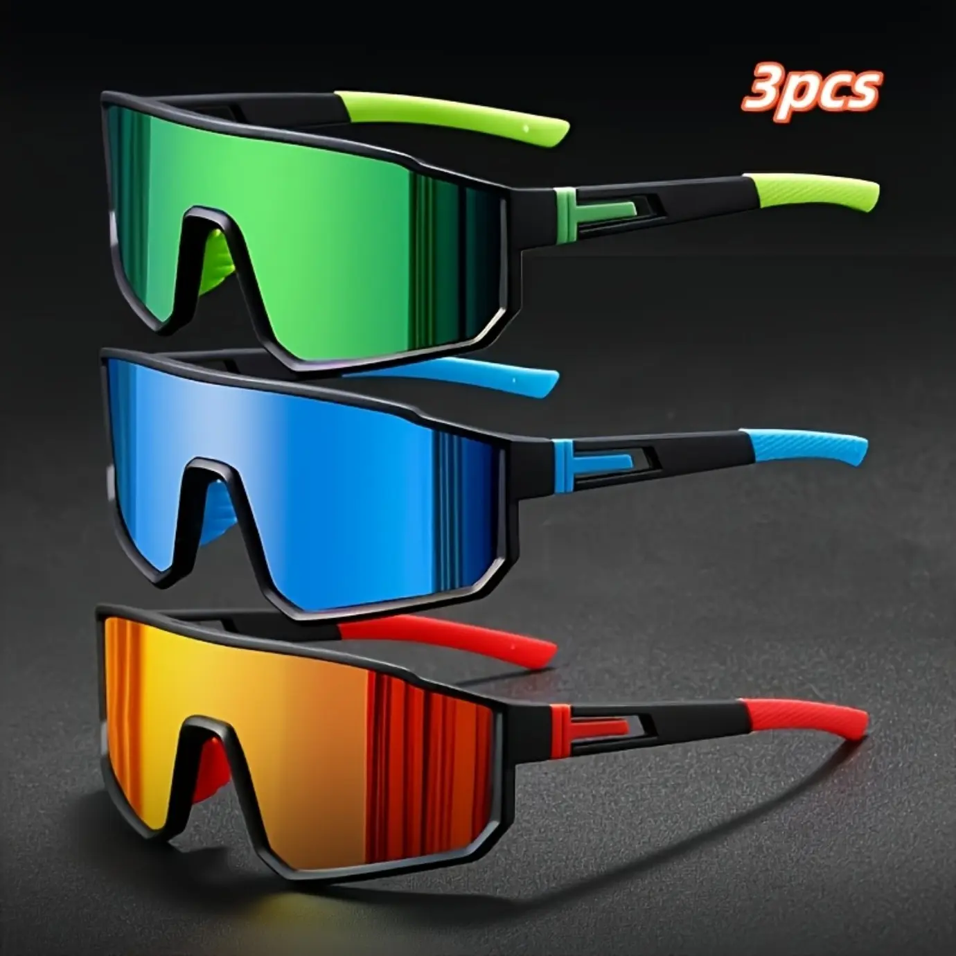 Unisex 3-Piece Sports Outdoor Sunglasses - PC Lens Eyewear, Durable Polycarbonate Frame, Mirrored, Aesthetic Contemporary Dark-Lensed Multi-Color Biker Men's Sunglasses for Hiking, Casual Wear, Aesthetic Men's Sunglasses,summer outifit,travel essentials