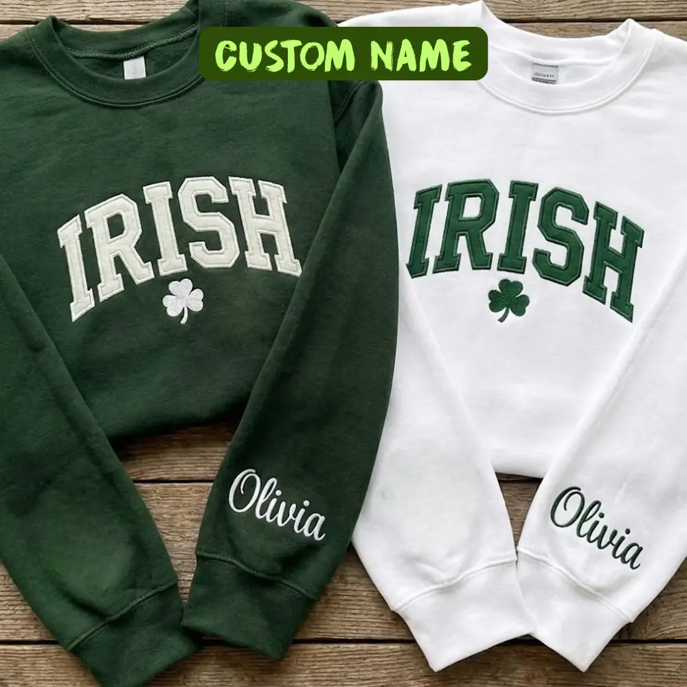 Custom Embroidered Irish Crewneck Sweatshirt, Personalized Name Shamrock Embroidered Sweatshirt, St Patrick’s Day Irish Pride Gift,Varsity Style Irish Pride Gift, Family Surname Lucky Green Hoodie, Soft Premium Cotton Pullover